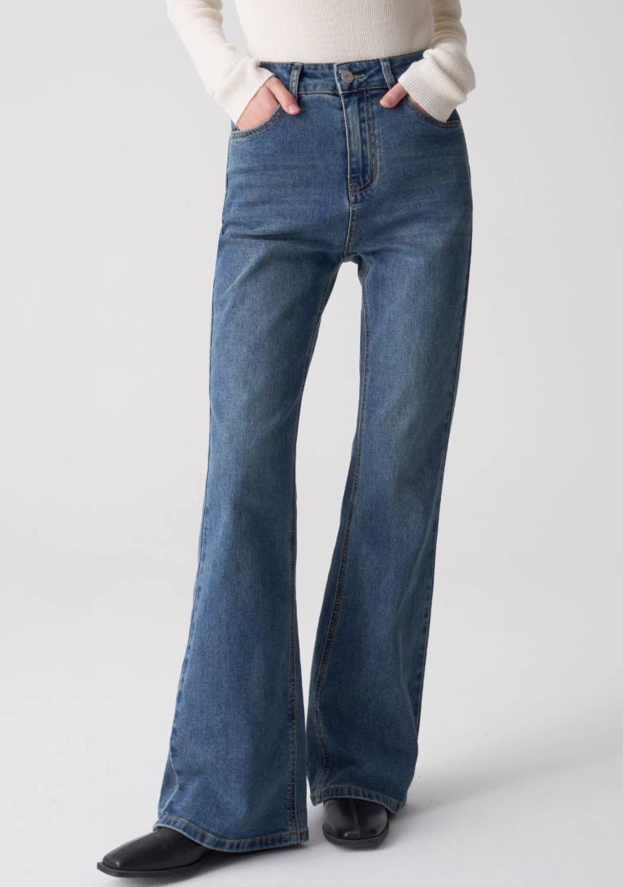 Thumbnail: Slight flare stretchy tencel denim high waisted pants