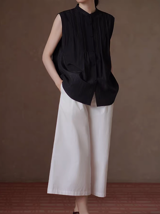 Crewneck pleated buttoned black tencel vest 10
