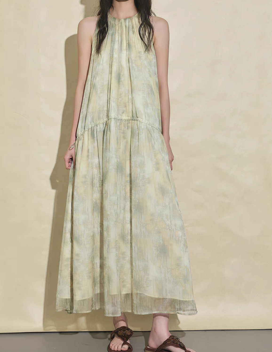 Layered sheer pleated halter botanical patterned pastel green poly maxi dress
