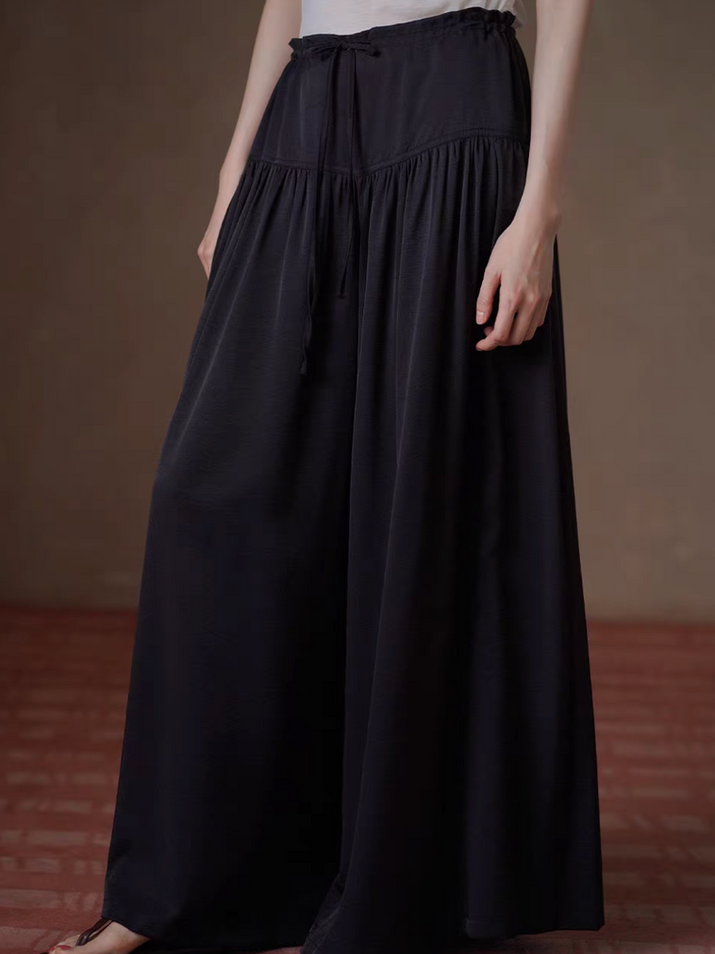 Elasticated drawstring satin wide leg black poly satin pants 6