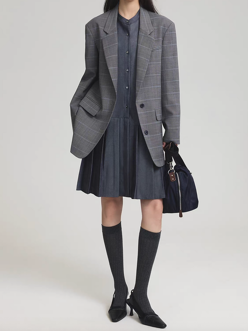 Grey tencel poly British checker mid length two styles blazer 9