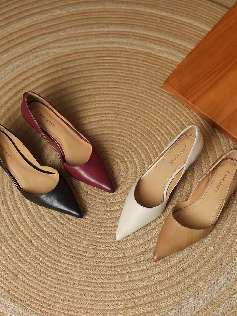 Pointy curved cut calf leather low heels 12