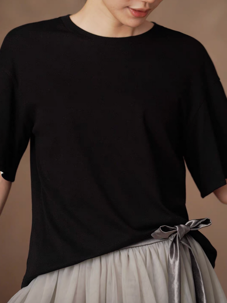 Cotton rayon two way crewneck black bi-color fold sleeves tee 4