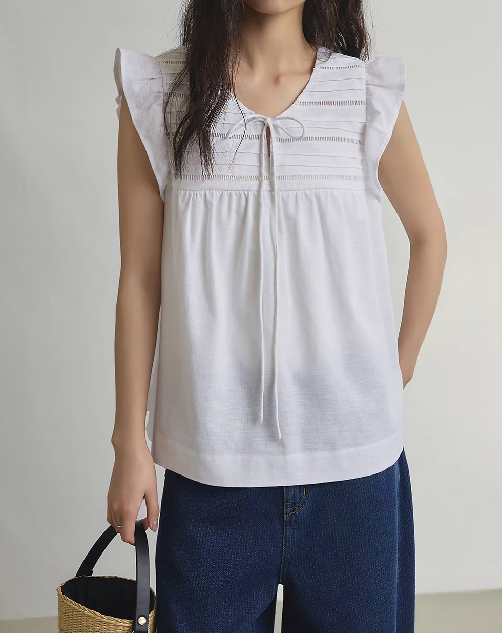 Thumbnail: Flutter sleeves drawstring pleated cotton vest