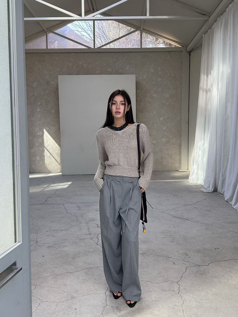 Striped belted cotton rayon pleated straight pants  3