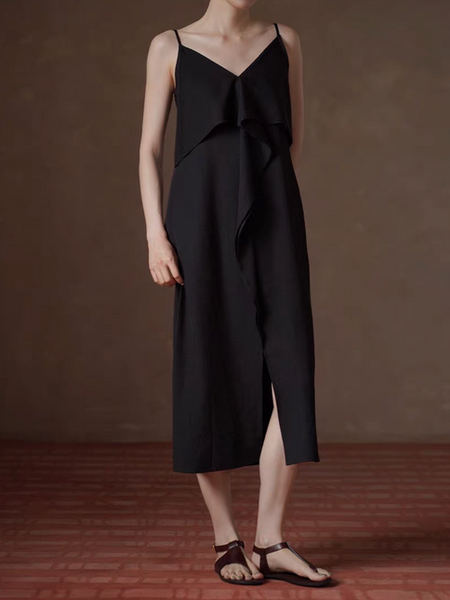 Asymmetric layered back elasticated poly rayon slipdress