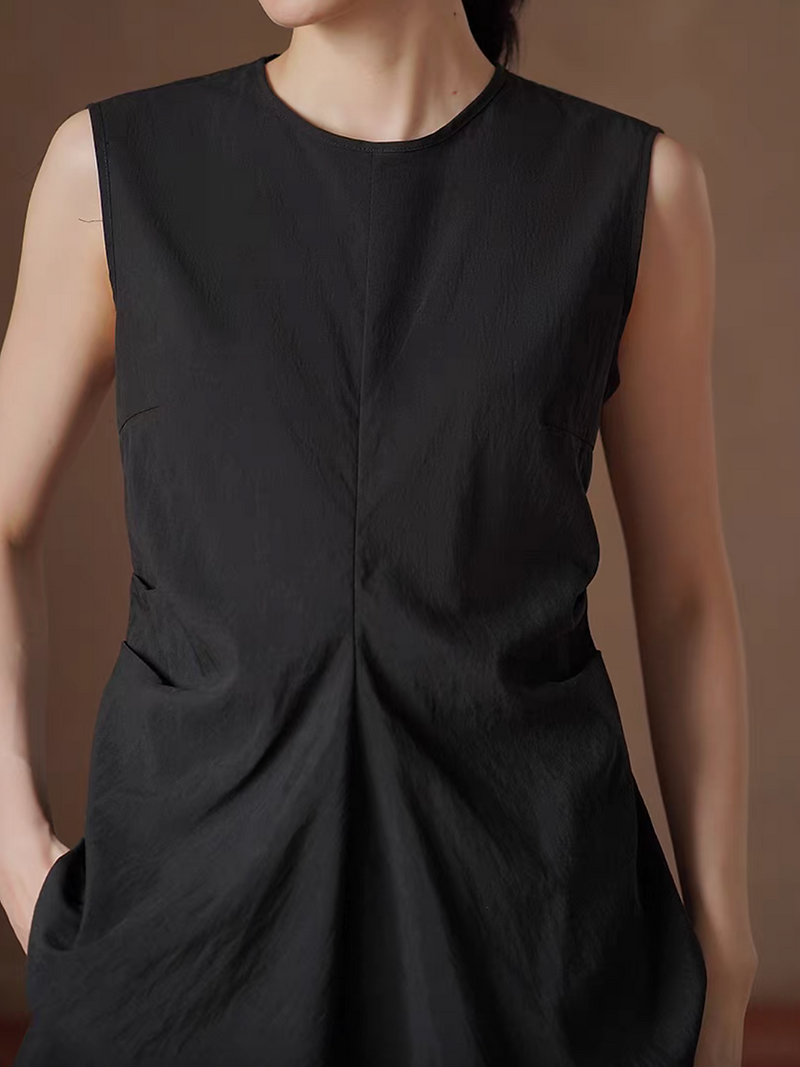 Black lyocell linen back buttoned side pleated vest + shorts set 4