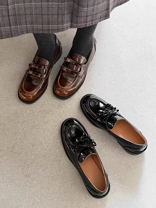 Double bows oil waxed brushed off calf leather loafers 7