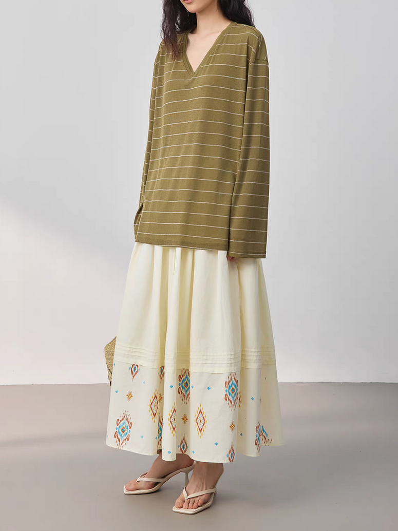 Cream ivory pleated embroidered linen cotton elasticated drawstring skirt 10