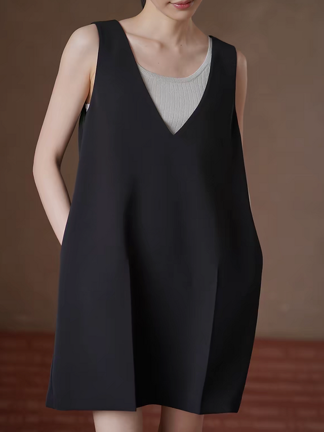 Black deep V low back poly rayon contour dress 6