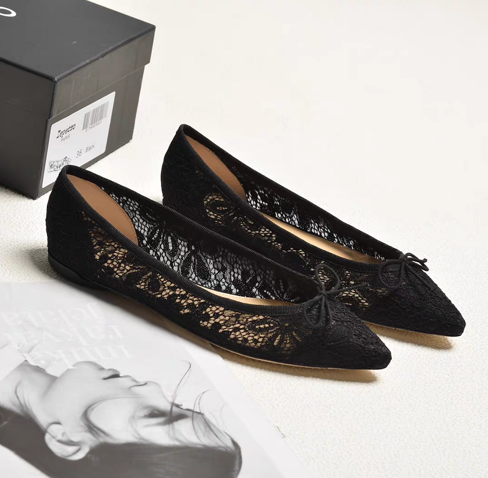 Thumbnail: Repetto Paris made in France lace crochet lambskin ribbon flats