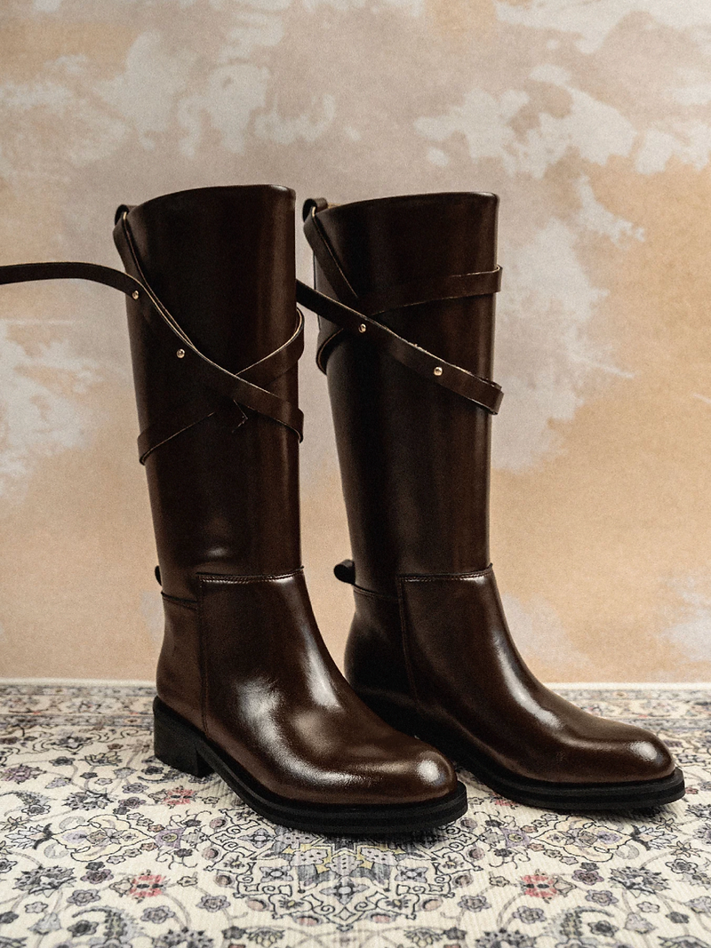 Made in Italy Italian calf leather crossed straps knee length buckle str 4