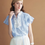 Thumbnail: Embossed flutter sleeves blue cotton drawstring blouse