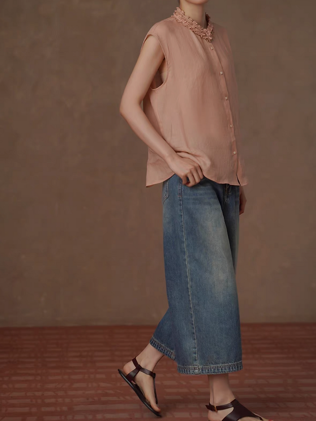 Apricot pink pure linen ruffled collar flutter sleeves blouse /vest 5