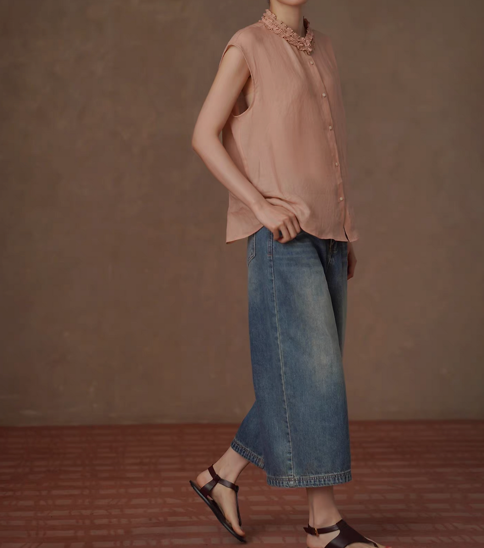 Thumbnail: Apricot pink pure linen ruffled collar flutter sleeves blouse /vest