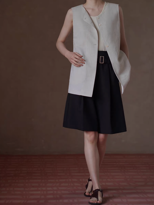 Cotton linen crewneck buttoned beige mid length vest