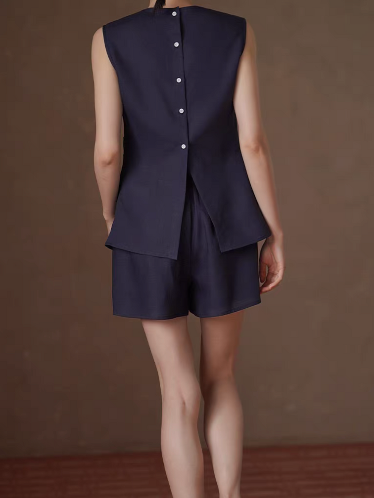 Navy lyocell linen back buttoned side pleated vest + shorts set 11