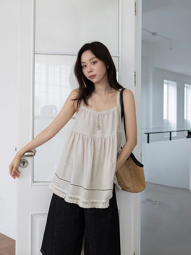 Elasticated straps tassels trim linen tencel flare checker camisole 9