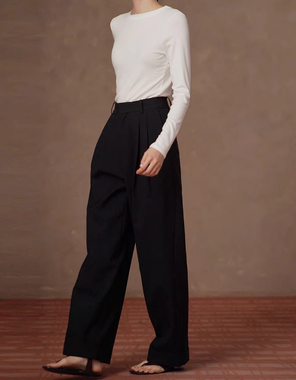 Thumbnail: High waisted black taper poly wool non-crease pleated straight pants