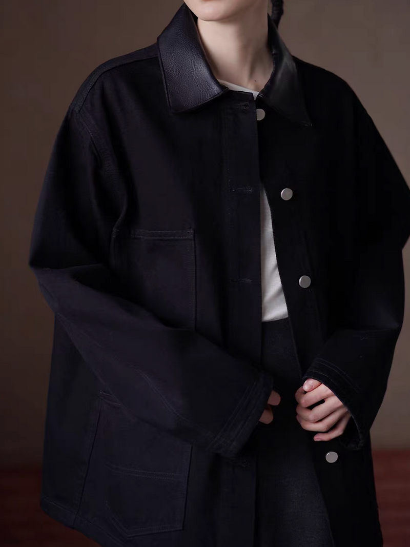 Synthetic leather collar cotton denim mid length black polo jacket 6