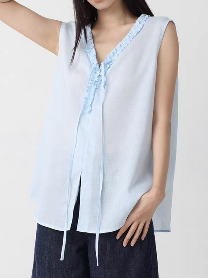 V neck ruffles drawstring side slit pure lyocell vest 6
