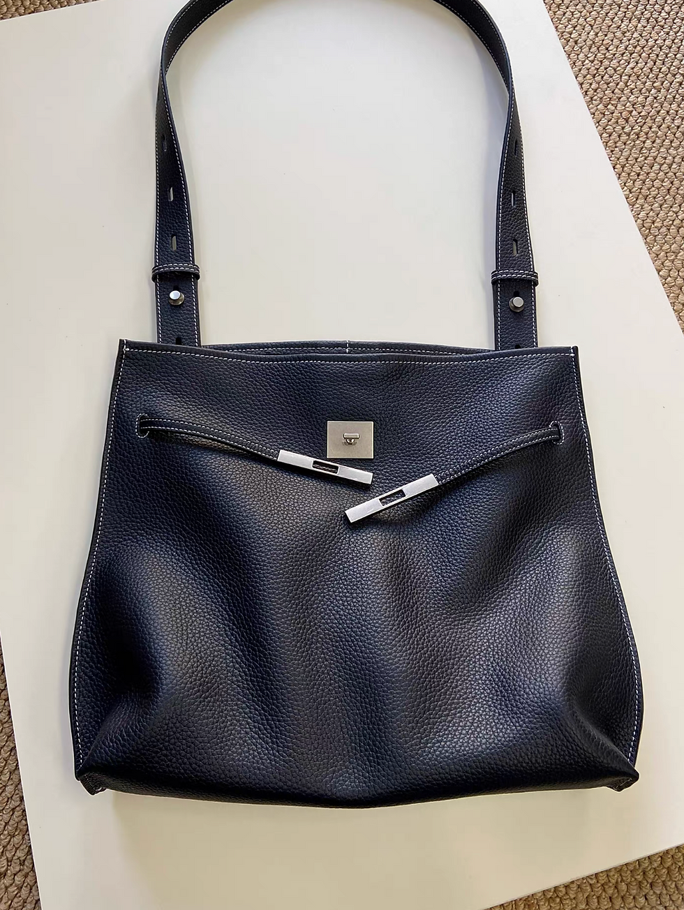 Thumbnail: Toga embossed calf leather thin twist metal buckle shoulder + crossbody bag