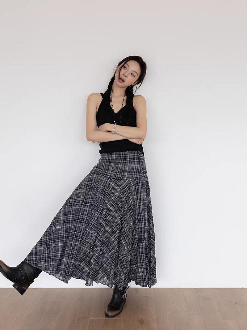 Asymmetric zipper checker grey lined cotton skirt 14