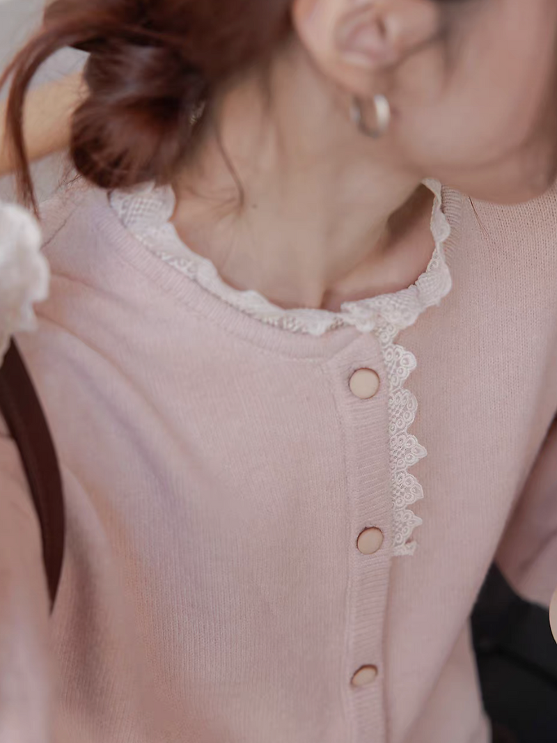 Connected lace trim wool nylon detailed buttoned cardigan 9