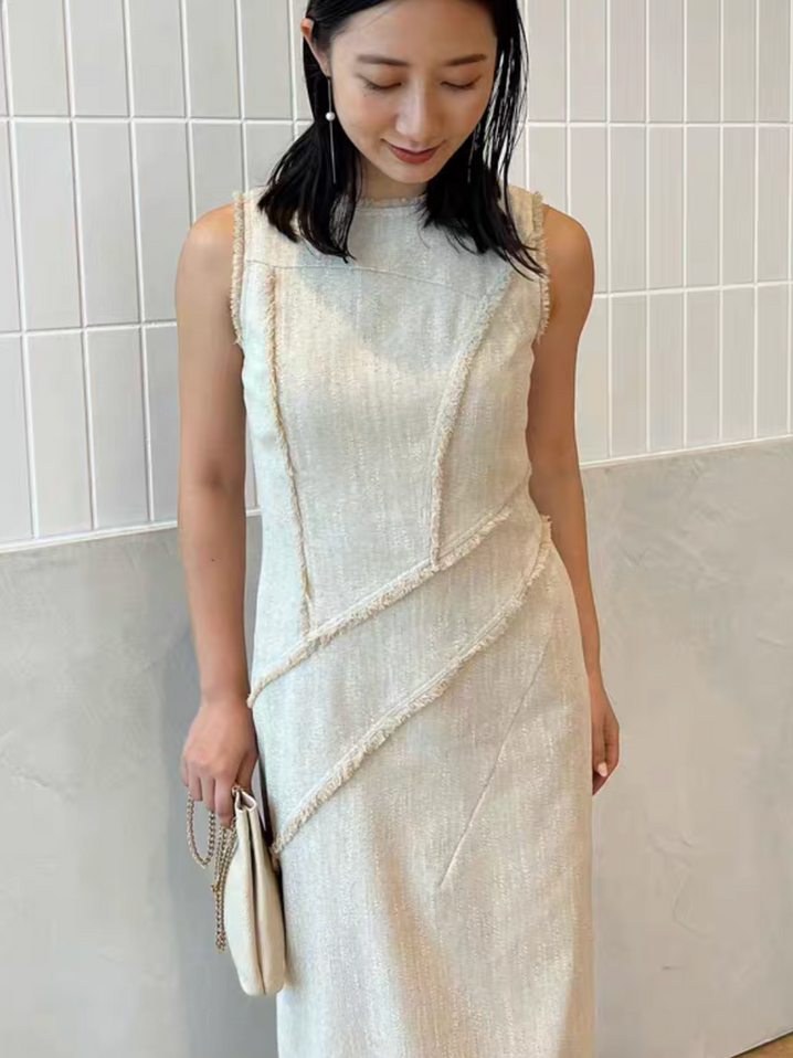 ANUANS TOKYO tweed frills cotton slim cut sleeveless dress 4