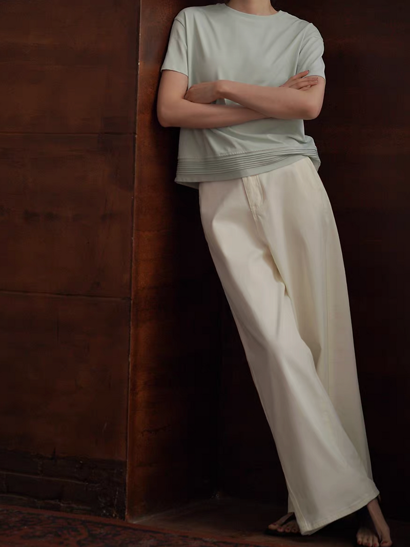 High waisted ivory diagonal denim high rise straight pants 7