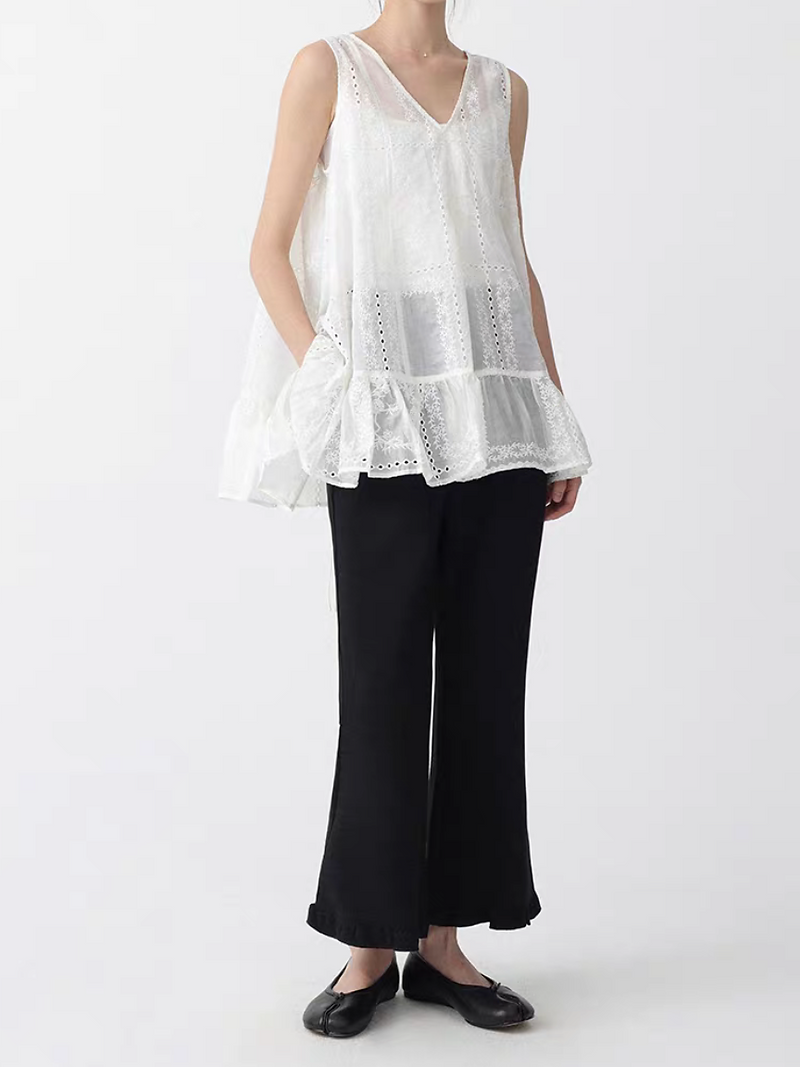 Lyocell crochet floral V neck ivory peplum back knot vest 7