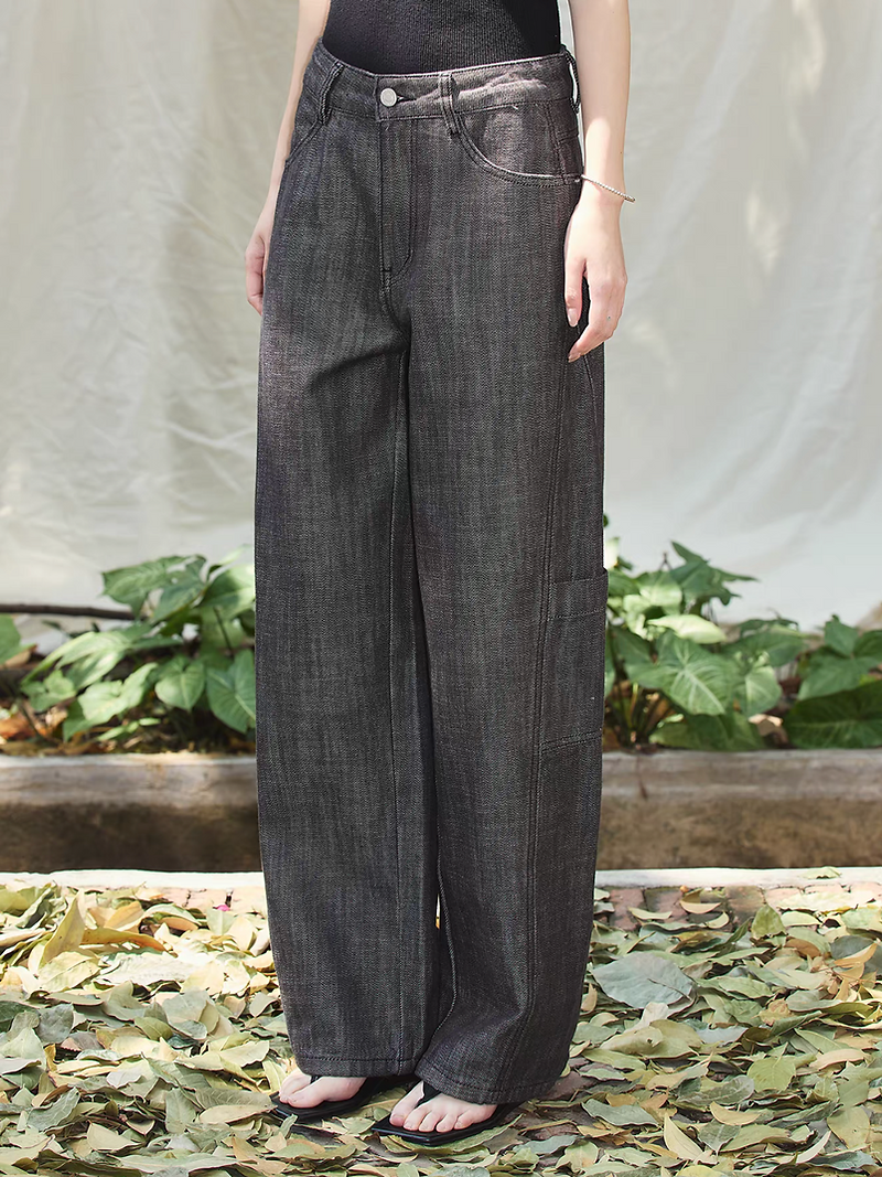 Contour high rise charcoal grey denim linen pants 2