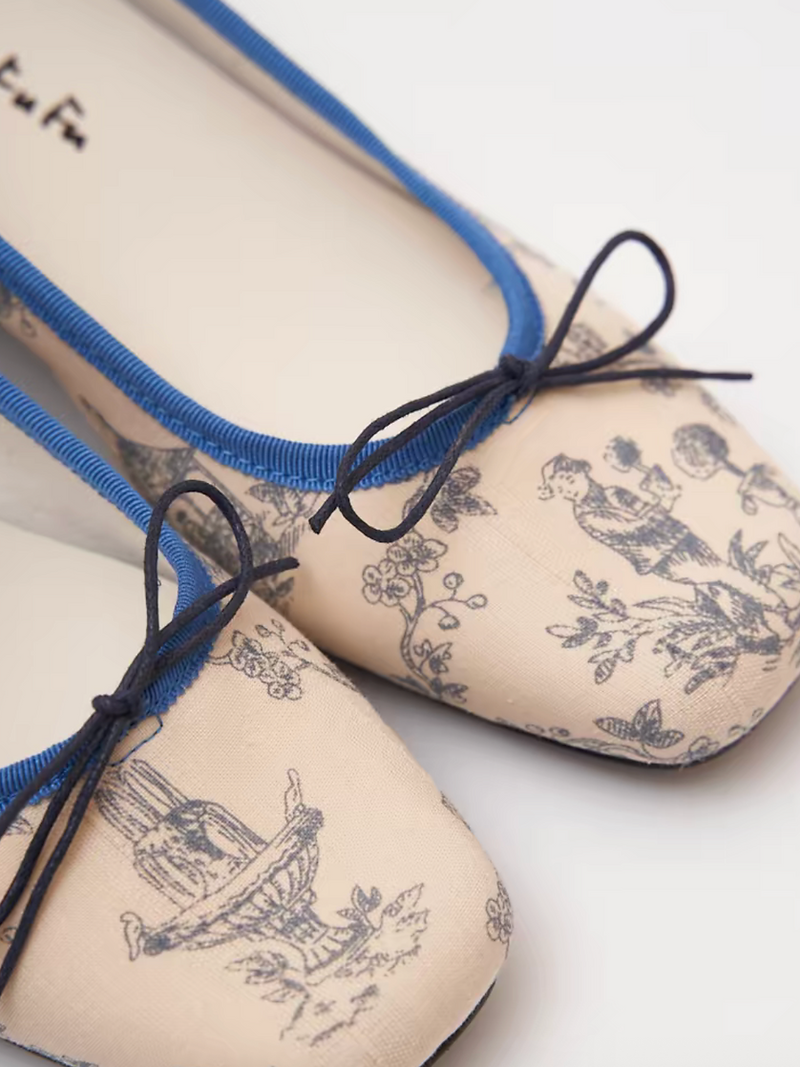 Calf leather fabric sketch print ribbon flats 5