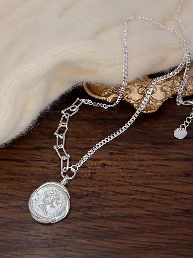 Engraved coin face 925 silver curb chain necklace 2
