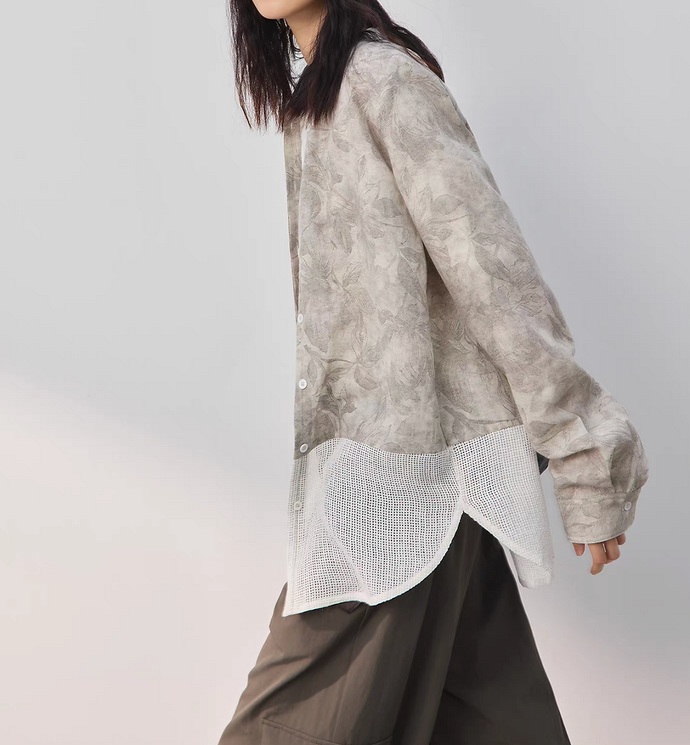 Thumbnail: Linen lyocell chiffon poly buttoned docking floral beige blouse / shirt