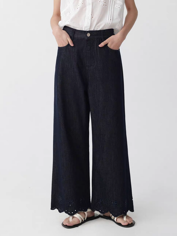 Crochet trim cotton lyocell high waisted denim pants 7