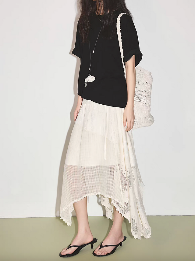 Ivory cotton tencel rayon docking lace asymmetric lined side knot table skirt 3