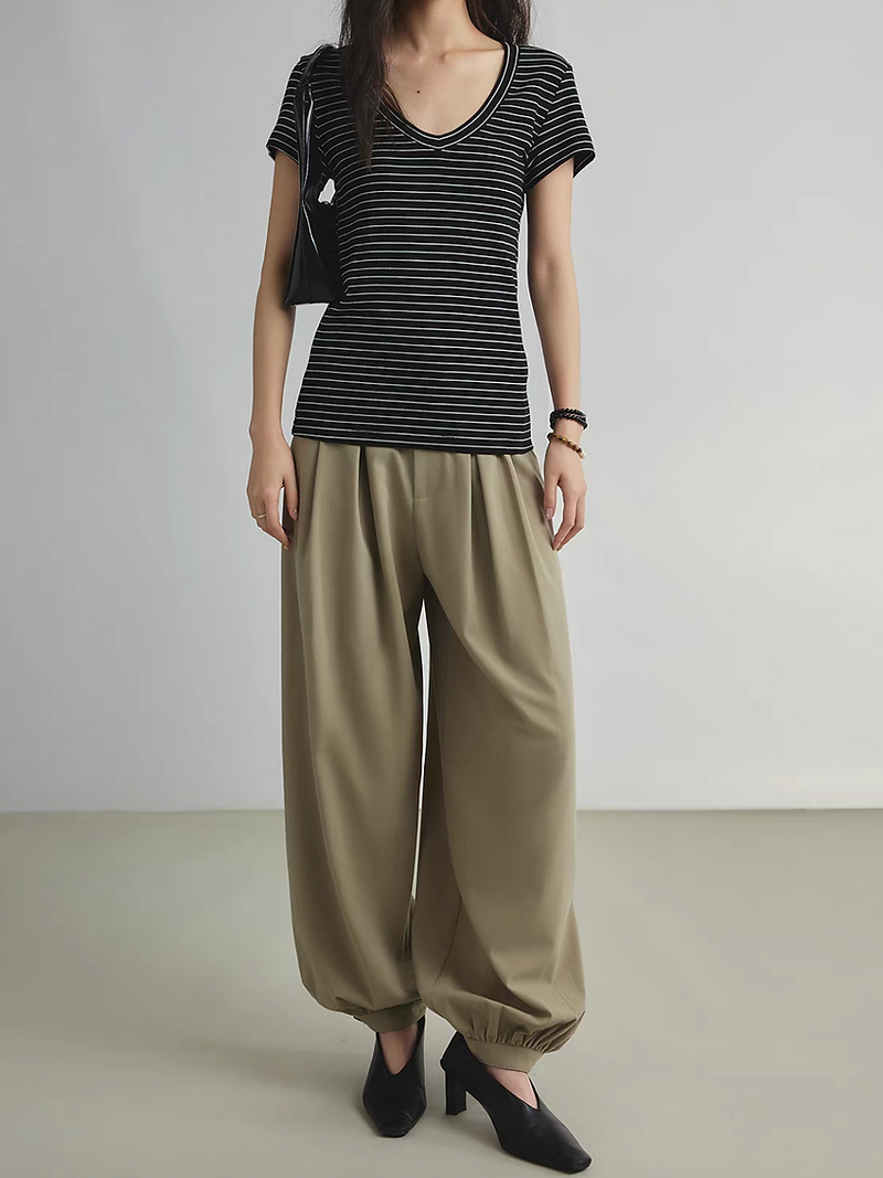 Folded waistband taper wool poly rayon high rise pants 15