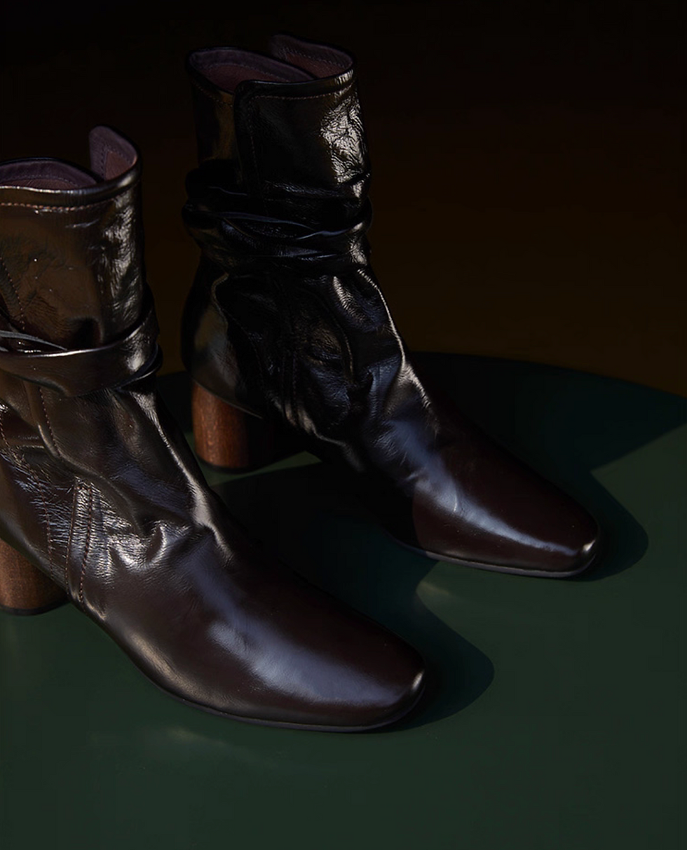 Thumbnail: Made in Paris Italian sheep skin back knot slit wood heel ankle boots