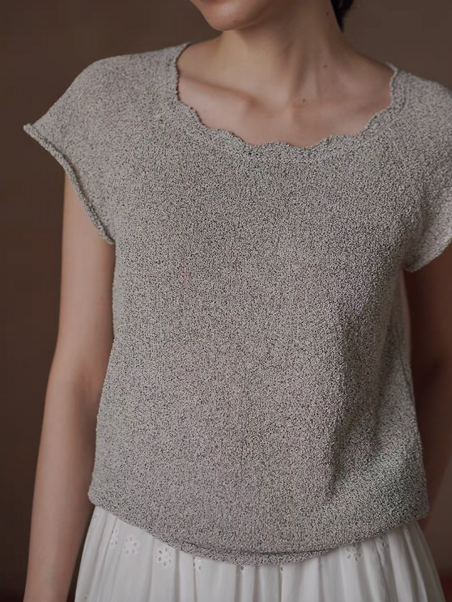 Wavy trim heather grey knitted poly rayon top 1