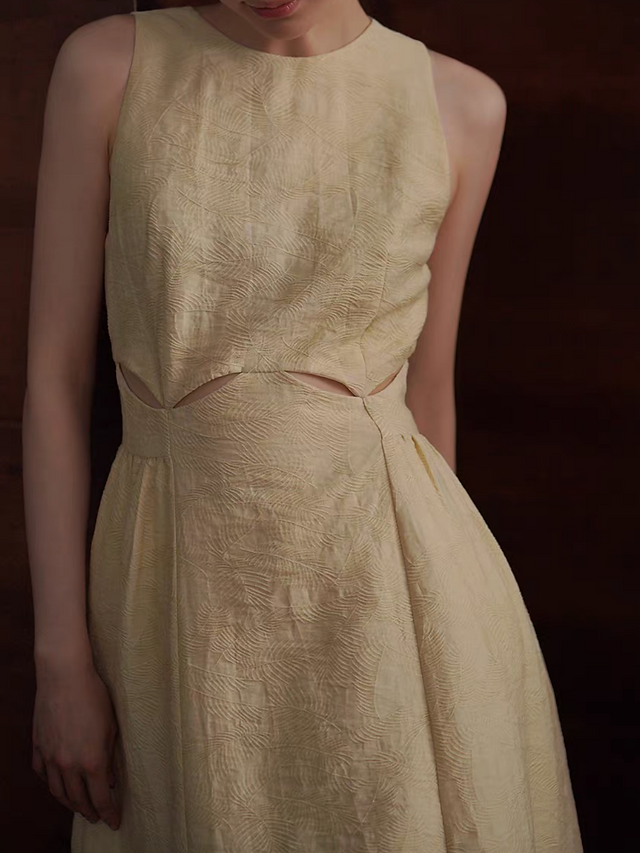 Waist crochet embossed halter pastel yellow lyocell poly slim cut dress 9