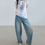 Thumbnail: Floral paint denim high waisted acid washed pants