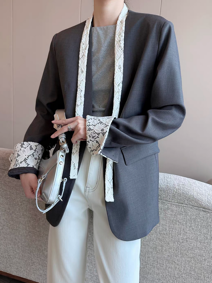 Inner ivory laced lined layer heather grey cotton rayon jacket 12