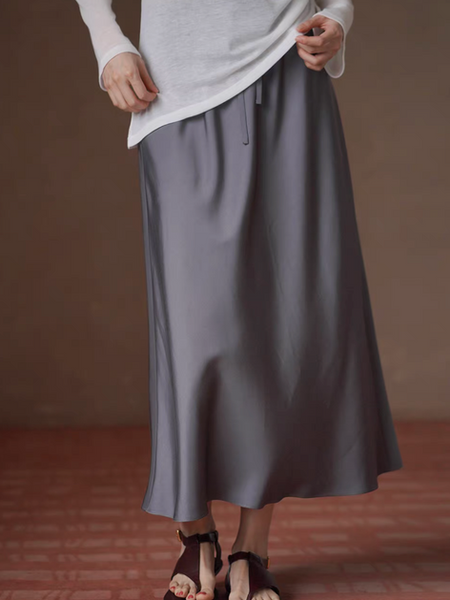 Heather grey poly satin drawstring drape elegant skirt