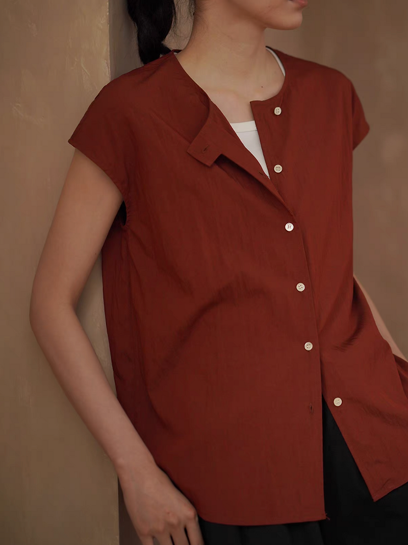 Poly rayon buttoned flutter sleeves brick red blouse 1