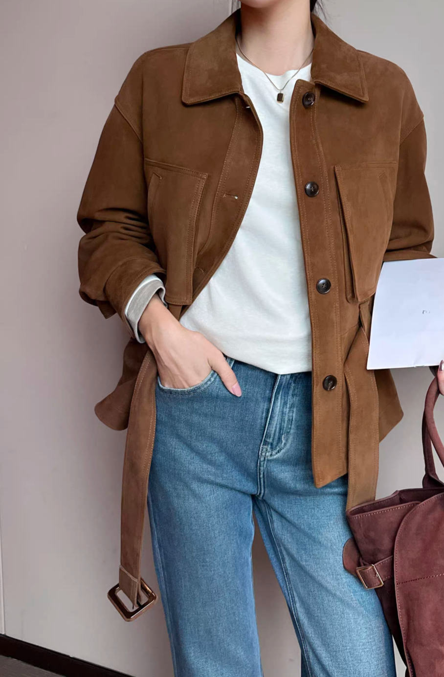 Thumbnail: Belted camel suede polo short jacket