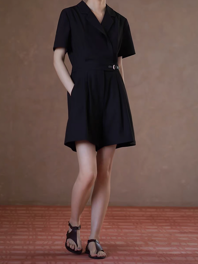 Side leather belted black poly rayon overlapping collar back elasticated romper 4