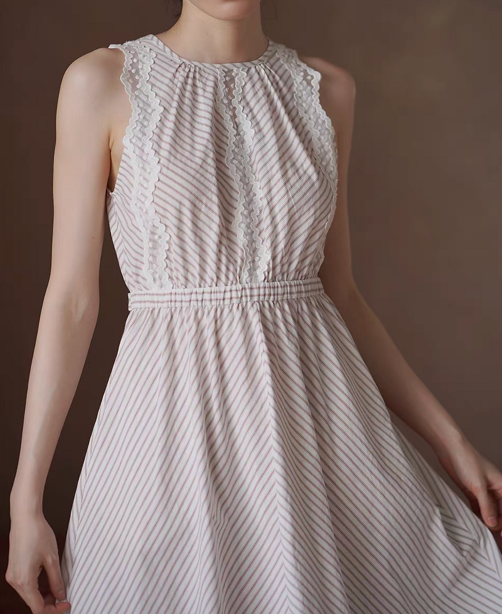 Thumbnail: Laced wavy trim striped embossed beige ivory halter sleeveless dress
