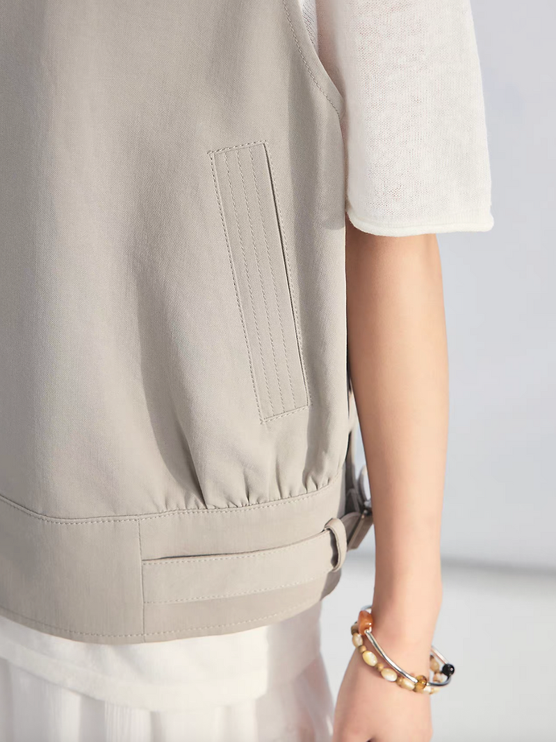 Beige sora zipper side buckle straps two way polo cotton linen vest 13