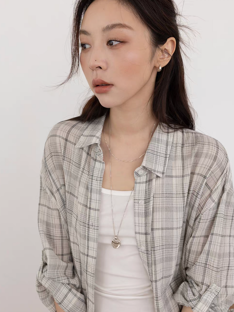 Pure cotton checker two way slightly sheer mid length shirt 13
